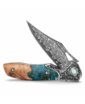 Ares VG10 Damascus Folding Knife – Olive Burl & Resin Handle