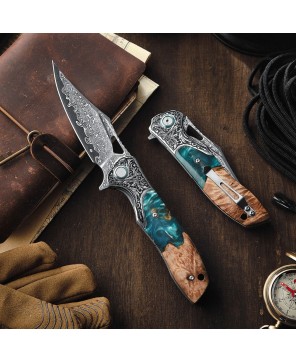 Ares VG10 Damascus Folding Knife – Olive Burl & Resin Handle