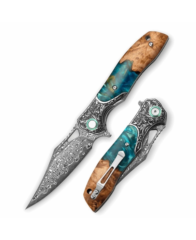 Ares VG10 Damascus Folding Knife – Olive Burl & Resin Handle