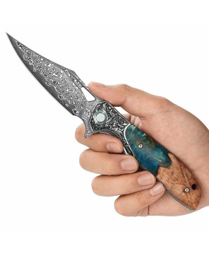 Ares VG10 Damascus Folding Knife – Olive Burl & Resin Handle