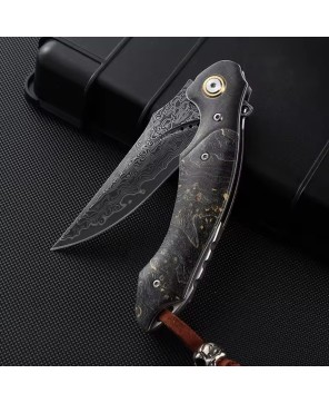 Venom Damascus Folding Knife – Maple Burl Handle & Leather Sheath