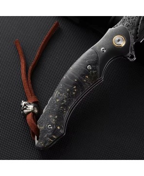 Venom Damascus Folding Knife – Maple Burl Handle & Leather Sheath