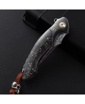 Venom Damascus Folding Knife – Maple Burl Handle & Leather Sheath