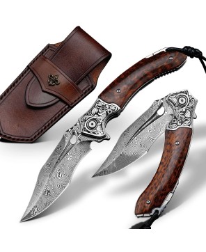 Damascus Folding Knife – Snake Wood Handle & Leather Sheath