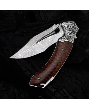 Damascus Folding Knife – Snake Wood Handle & Leather Sheath