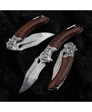 Damascus Folding Knife – Snake Wood Handle & Leather Sheath