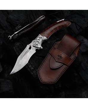 Damascus Folding Knife – Snake Wood Handle & Leather Sheath