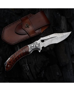 Damascus Folding Knife – Snake Wood Handle & Leather Sheath