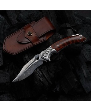 Damascus Folding Knife – Snake Wood Handle & Leather Sheath