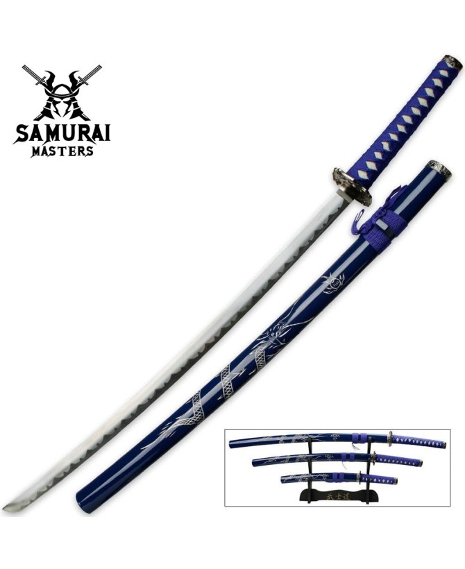 Royal Blue Three-Piece Samurai Sword Set with Stand