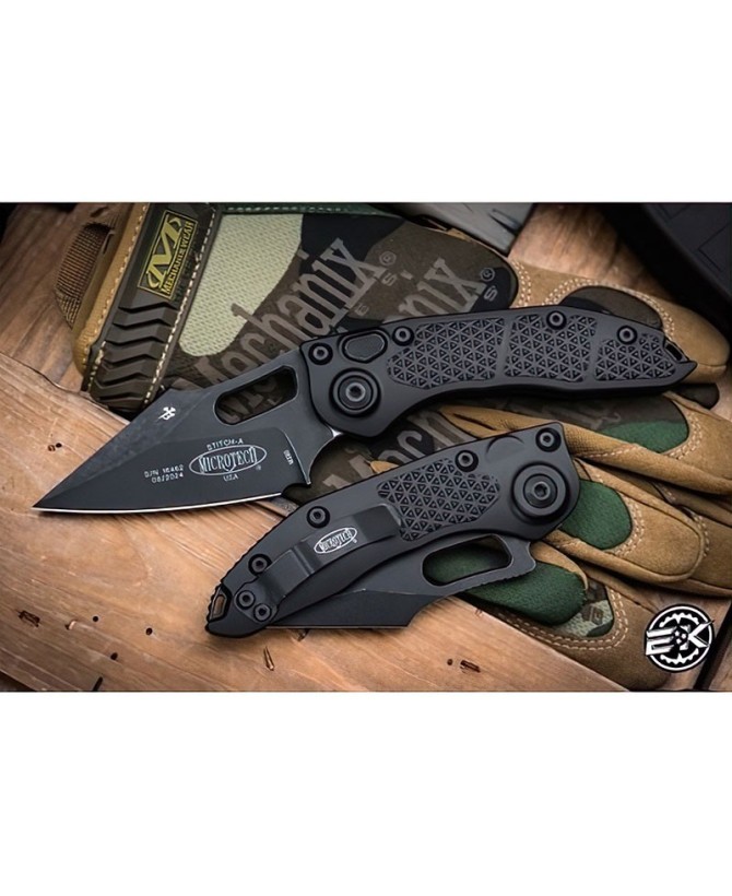 Microtech Stitch Automatic – Black Apocalyptic M390 Blade