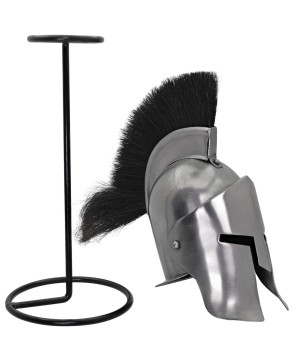 Mini Spartan Helmet – 20G Steel w/ Black Plume & Iron Stand