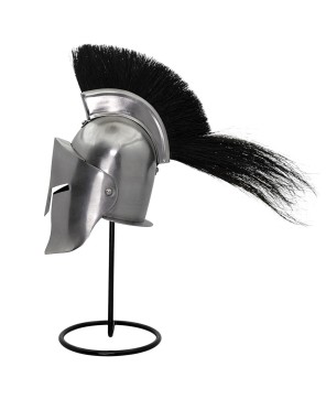 Mini Spartan Helmet – 20G Steel w/ Black Plume & Iron Stand