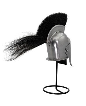 Mini Spartan Helmet – 20G Steel w/ Black Plume & Iron Stand