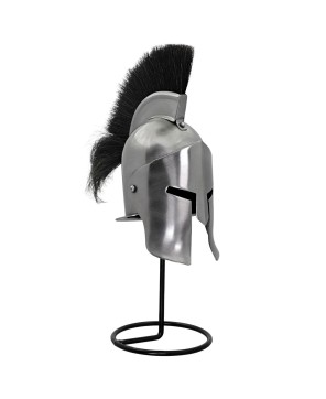 Mini Spartan Helmet – 20G Steel w/ Black Plume & Iron Stand