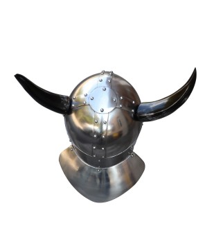 Viking Leader Helmet – 18G Steel Horned Spangenhelm with Brass Guards