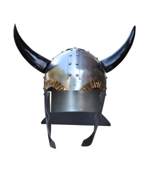 Viking Leader Helmet – 18G Steel Horned Spangenhelm with Brass Guards