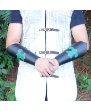 Medieval Leather Bracer Cuff Set – Green Fleur-de-lis LARP Armor