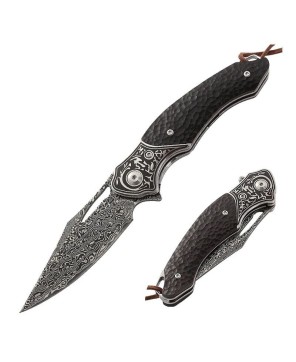 Thor Damascus Folding Knife with Exotic Ebony Wood & Leather Sheath