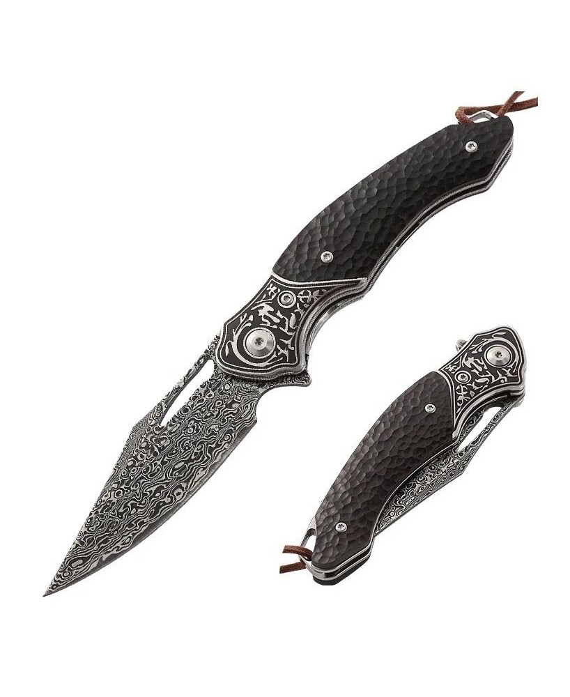 Thor Damascus Folding Knife with Exotic Ebony Wood & Leather Sheath