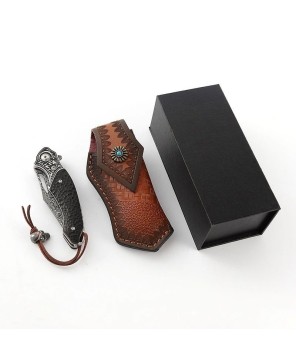 Thor Damascus Folding Knife with Exotic Ebony Wood & Leather Sheath