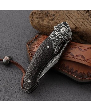 Thor Damascus Folding Knife with Exotic Ebony Wood & Leather Sheath