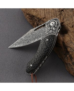 Thor Damascus Folding Knife with Exotic Ebony Wood & Leather Sheath