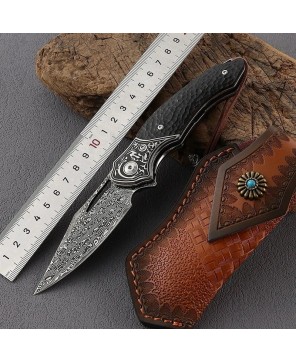 Thor Damascus Folding Knife with Exotic Ebony Wood & Leather Sheath