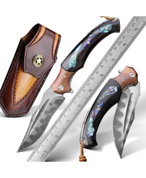 Quest Damascus Pocket Knife with Ebony Wood & Abalone Shell Scales