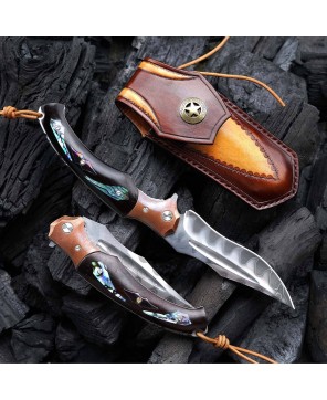 Quest Damascus Pocket Knife with Ebony Wood & Abalone Shell Scales