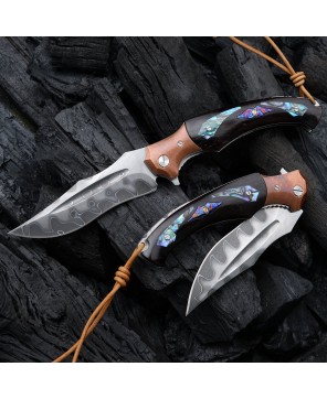 Quest Damascus Pocket Knife with Ebony Wood & Abalone Shell Scales