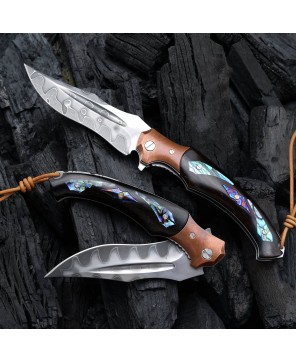 Quest Damascus Pocket Knife with Ebony Wood & Abalone Shell Scales