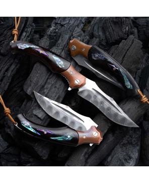 Quest Damascus Pocket Knife with Ebony Wood & Abalone Shell Scales