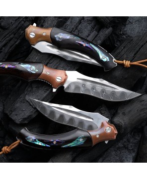 Quest Damascus Pocket Knife with Ebony Wood & Abalone Shell Scales