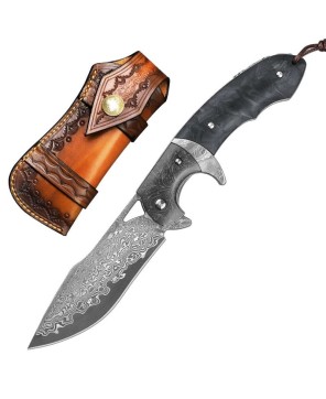 Hermes Damascus Folding Pocket Knife with Carbon Fiber Handle