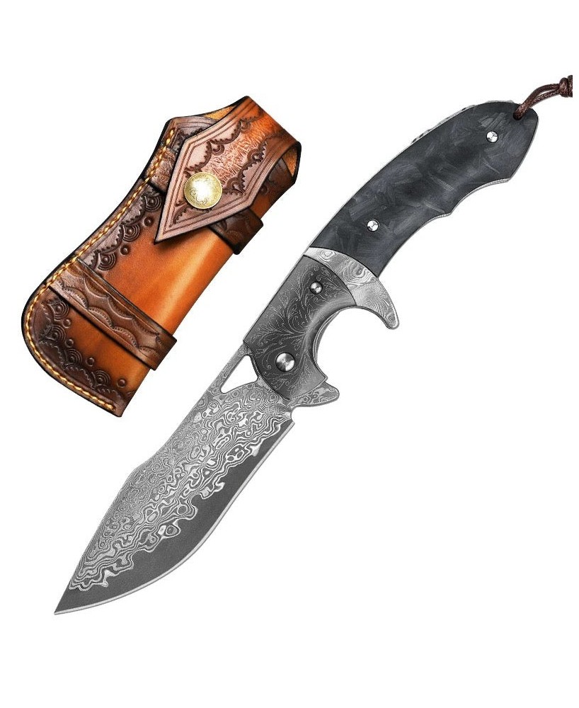 Hermes Damascus Folding Pocket Knife with Carbon Fiber Handle