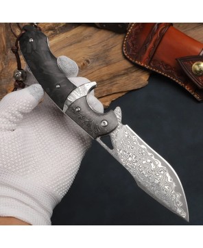 Hermes Damascus Folding Pocket Knife with Carbon Fiber Handle