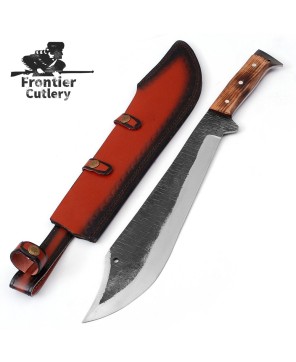 Clip Point Bushcraft Machete – Carbon Steel, Hardwood Handle, Leather