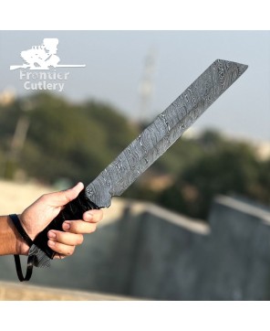 Handmade Damascus Steel Outdoor Machete with Leather Handle & Sheath