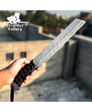 Handmade Damascus Steel Outdoor Machete with Leather Handle & Sheath