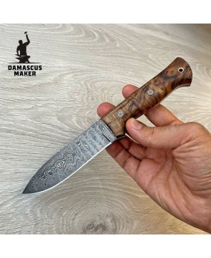 Hand-Forged Damascus Bushcraft Knife – Chestnut Handle, Full Tang