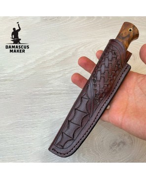 Hand-Forged Damascus Bushcraft Knife – Chestnut Handle, Full Tang