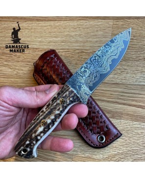 Hand-Forged Damascus Bushcraft Knife – Stag Horn Handle, Full Tang