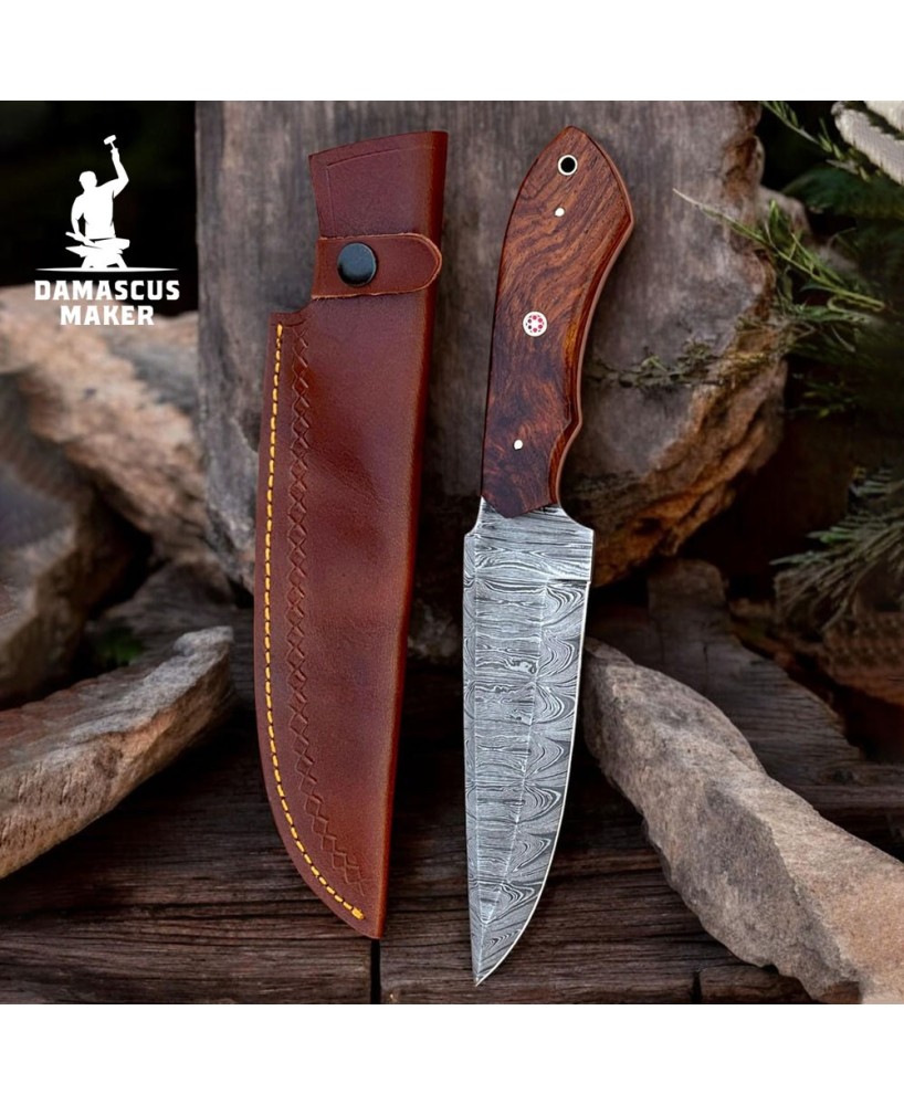 Hand-Forged Damascus Bushcraft Knife – Full Tang with Leather Sheath