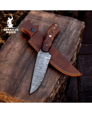 Hand-Forged Damascus Bushcraft Knife – Full Tang with Leather Sheath