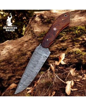 Hand-Forged Damascus Bushcraft Knife – Full Tang with Leather Sheath