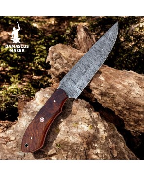 Hand-Forged Damascus Bushcraft Knife – Full Tang with Leather Sheath