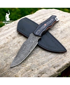 Fixed Blade Damascus Bushcraft Knife – Full Tang with Leather Sheath