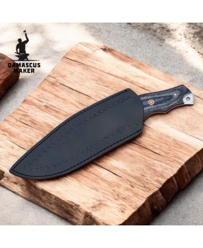 Fixed Blade Damascus Bushcraft Knife – Full Tang with Leather Sheath