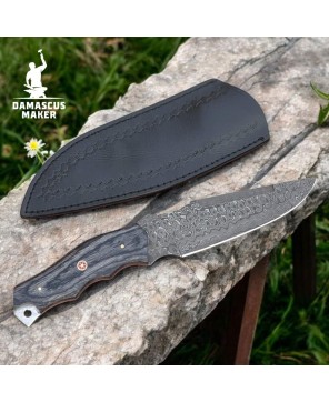 Fixed Blade Damascus Bushcraft Knife – Full Tang with Leather Sheath